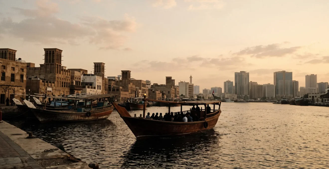 Bateau en bois traditionnel abra glissant sur le Dubai Creek au coucher du soleil, entre le vieux souk et les tours modernes