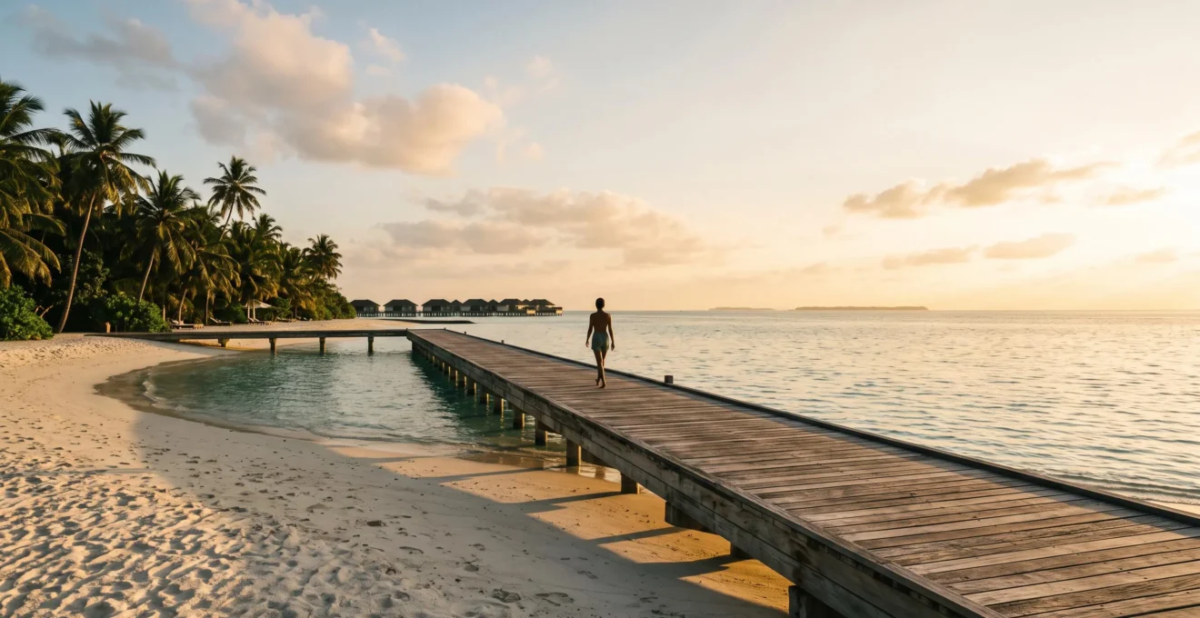 Vue panoramique d'un ponton en bois menant vers une mer turquoise depuis un resort de luxe en bord de mer