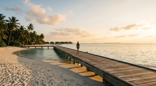 Vue panoramique d'un ponton en bois menant vers une mer turquoise depuis un resort de luxe en bord de mer