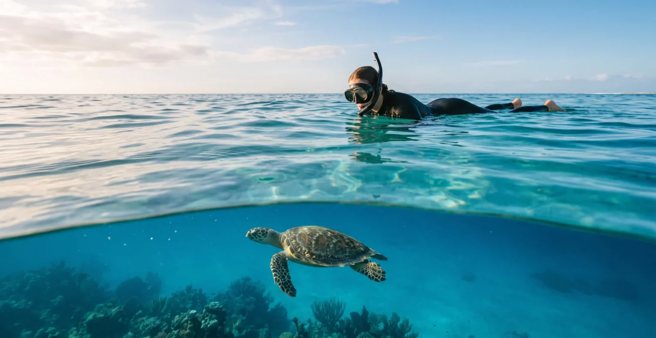 Nageur en apnée observant à distance respectueuse une tortue marine au-dessus d'un récif corallien dans une eau turquoise