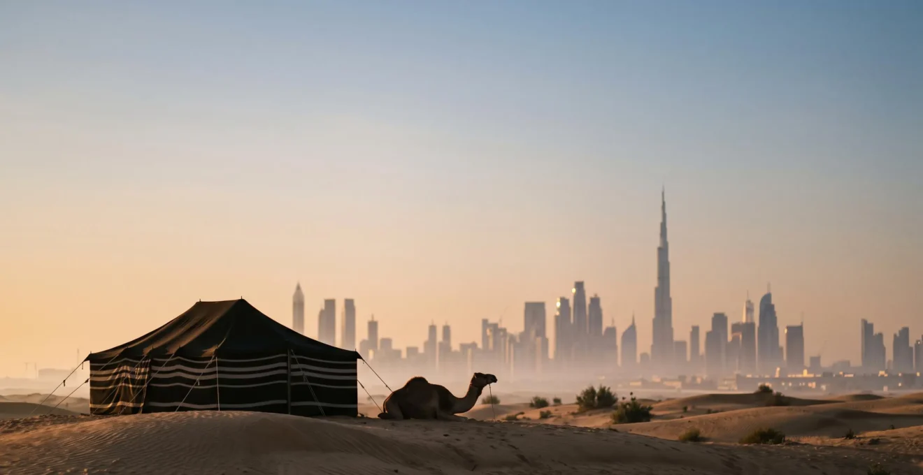Silhouette d'une tente bedouine et d'un chameau se detachant devant les gratte-ciel de Dubai au crepuscule