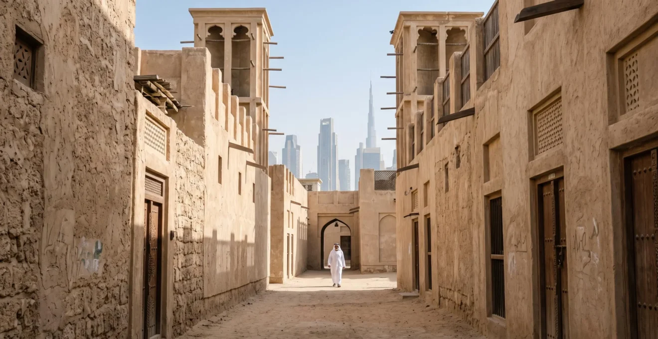 Ruelle étroite du quartier historique d'Al Fahidi à Dubaï avec tours à vent traditionnelles en pierre de corail, contrastant avec les gratte-ciel modernes en arrière-plan