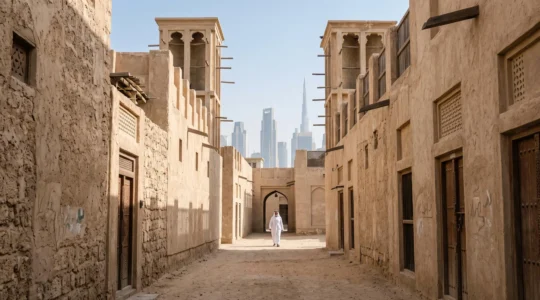 Ruelle étroite du quartier historique d'Al Fahidi à Dubaï avec tours à vent traditionnelles en pierre de corail, contrastant avec les gratte-ciel modernes en arrière-plan