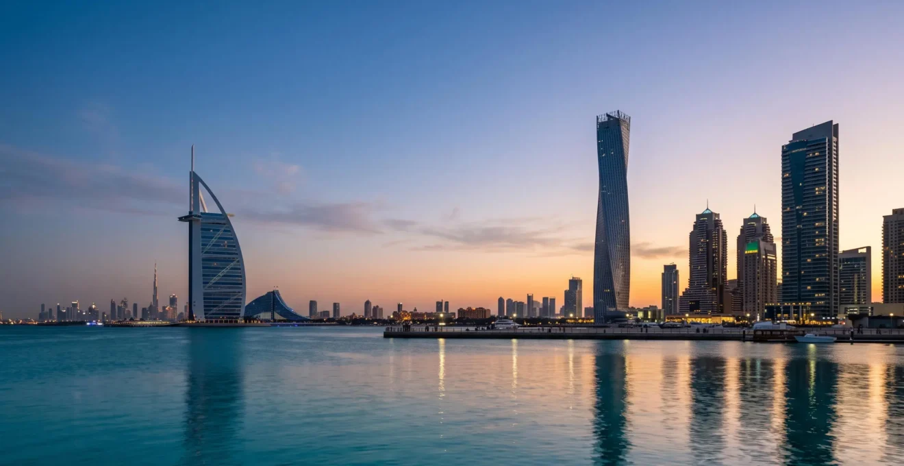 Silhouettes d'hôtels emblématiques de Dubaï se détachant sur un ciel doré au crépuscule, symbole de l'avant-garde architecturale
