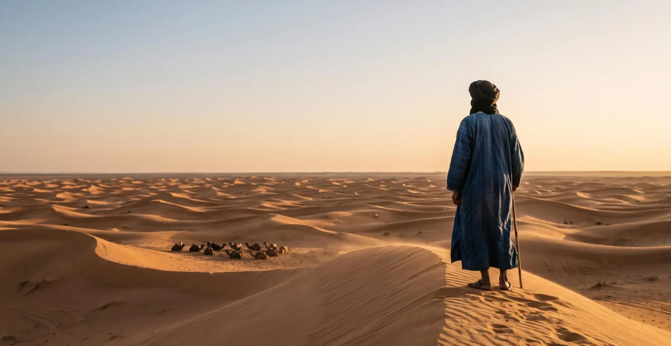 Silhouette d'un nomade du désert au crépuscule, illustrant la résilience et le savoir ancestral face à un environnement hostile