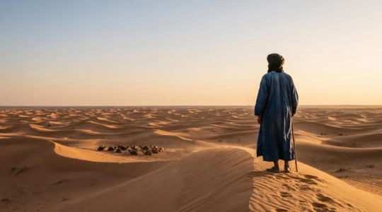 Silhouette d'un nomade du désert au crépuscule, illustrant la résilience et le savoir ancestral face à un environnement hostile