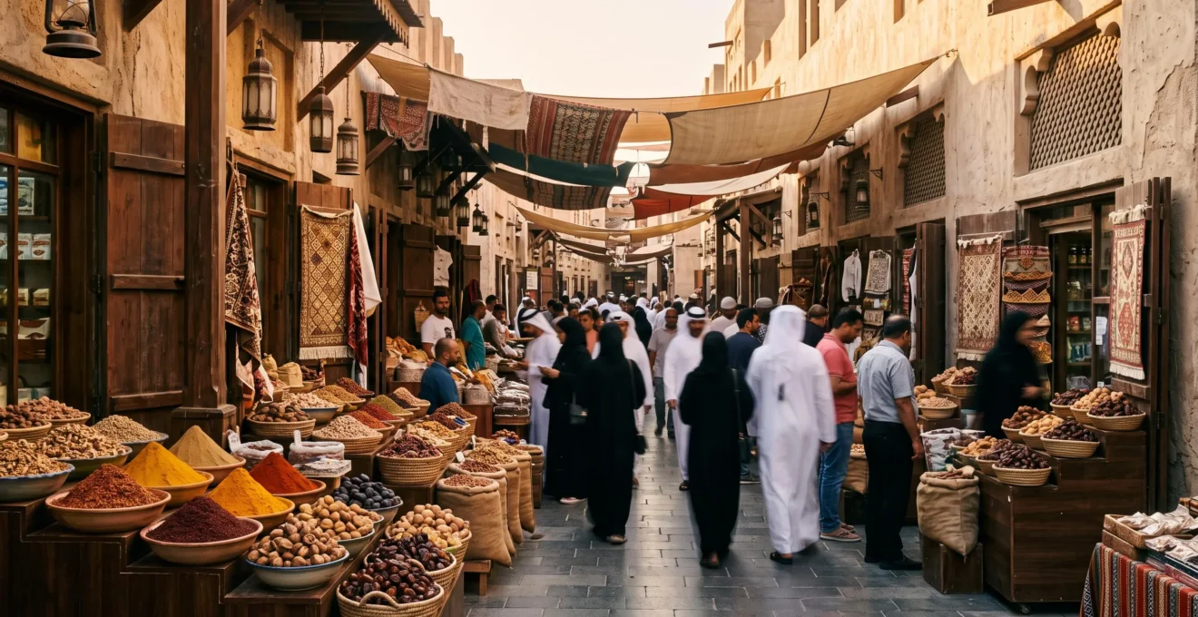 Étal de marché coloré mêlant épices, dattes et pain traditionnel évoquant la diversité culinaire d'une métropole cosmopolite