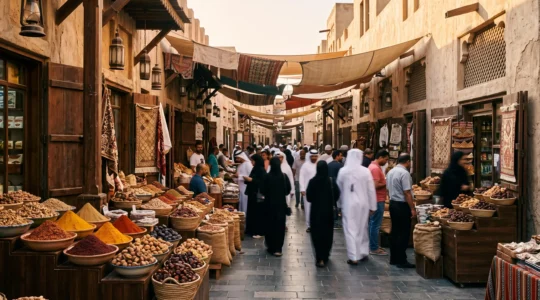 Étal de marché coloré mêlant épices, dattes et pain traditionnel évoquant la diversité culinaire d'une métropole cosmopolite