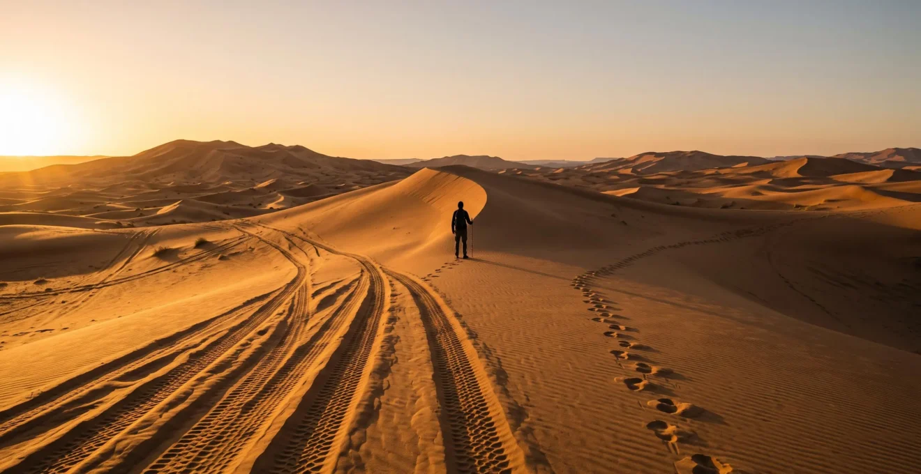Deux pistes distinctes se séparent sur une dune du désert, symbolisant le choix entre différentes formules de safari
