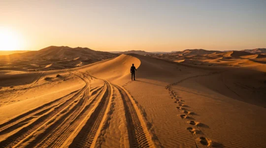 Deux pistes distinctes se séparent sur une dune du désert, symbolisant le choix entre différentes formules de safari
