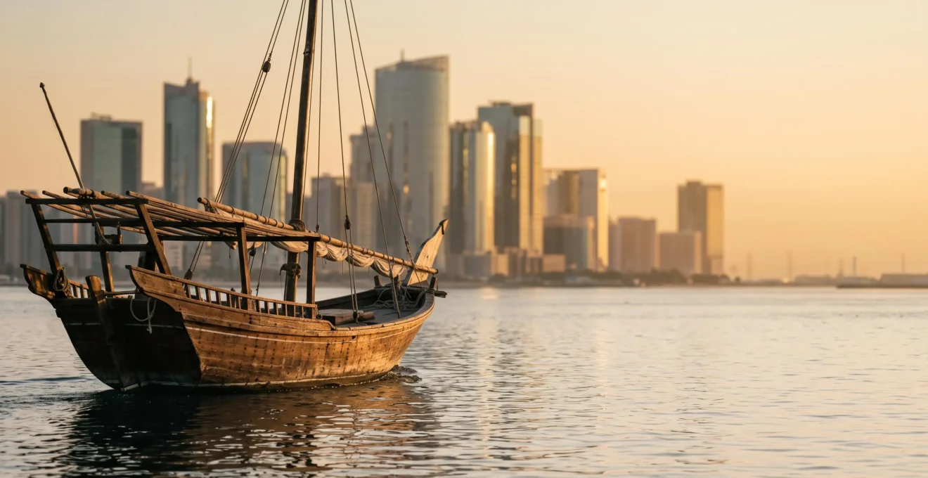 Un boutre traditionnel en bois voguant sur la crique de Dubaï au crépuscule, avec la skyline moderne se dessinant en arrière-plan brumeux