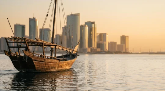 Un boutre traditionnel en bois voguant sur la crique de Dubaï au crépuscule, avec la skyline moderne se dessinant en arrière-plan brumeux