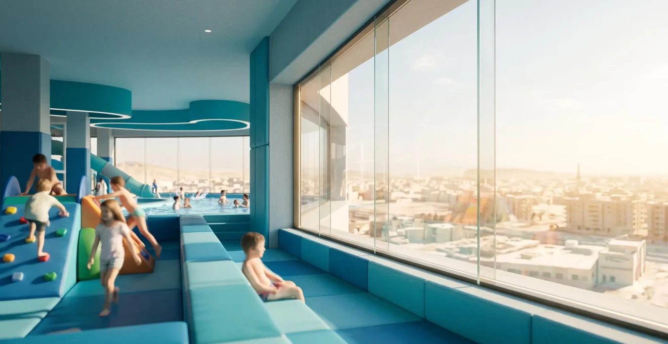 Vue editoriale d'un espace de loisirs familial climatise contrastant avec la chaleur exterieure visible a travers une baie vitree