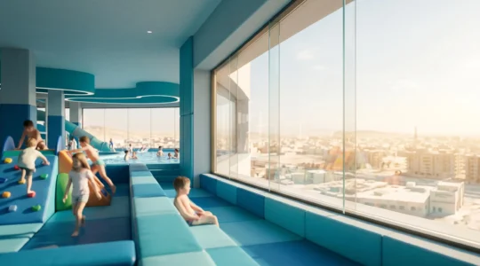 Vue editoriale d'un espace de loisirs familial climatise contrastant avec la chaleur exterieure visible a travers une baie vitree
