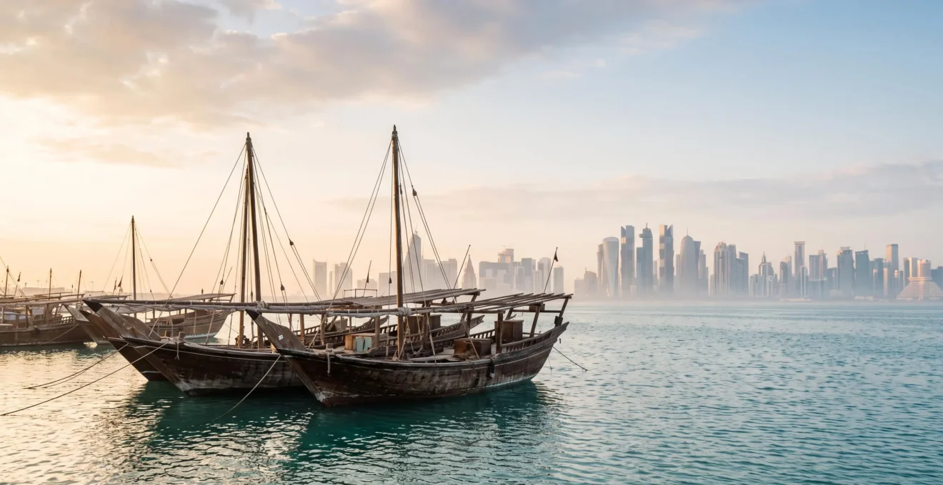 Vue panoramique symbolisant la transformation d'un village de pêcheurs traditionnel en métropole futuriste au bord du Golfe