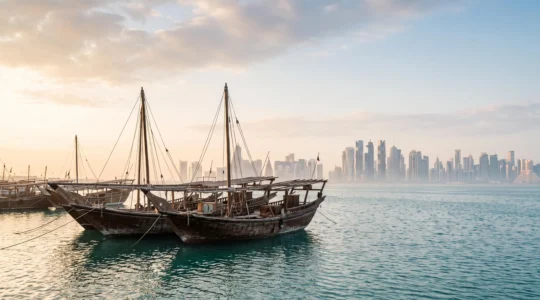 Vue panoramique symbolisant la transformation d'un village de pêcheurs traditionnel en métropole futuriste au bord du Golfe
