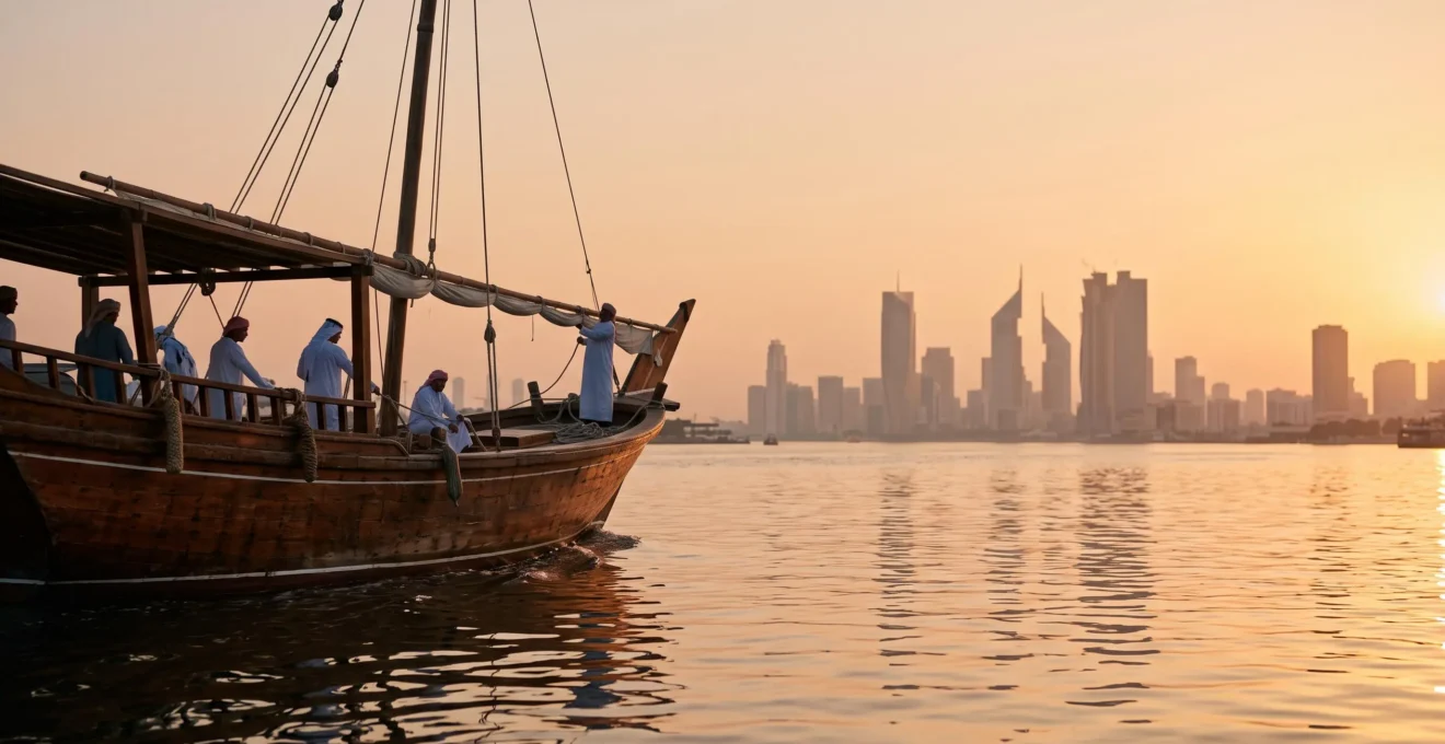 Vue symbolique de Dubaï en carrefour commercial entre l'Orient et l'Occident, entre boutre traditionnel et skyline moderne