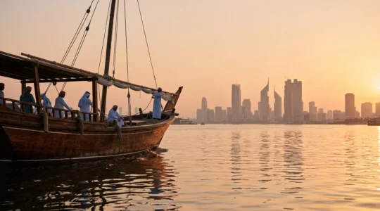 Vue symbolique de Dubaï en carrefour commercial entre l'Orient et l'Occident, entre boutre traditionnel et skyline moderne