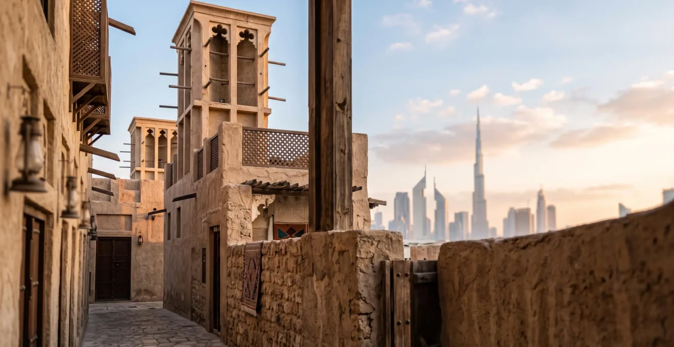 Ruelle du quartier historique d'Al Fahidi à Dubaï avec tours à vent traditionnelles et silhouette de gratte-ciels modernes en arrière-plan