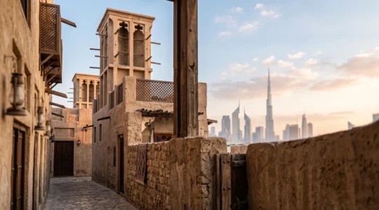 Ruelle du quartier historique d'Al Fahidi à Dubaï avec tours à vent traditionnelles et silhouette de gratte-ciels modernes en arrière-plan