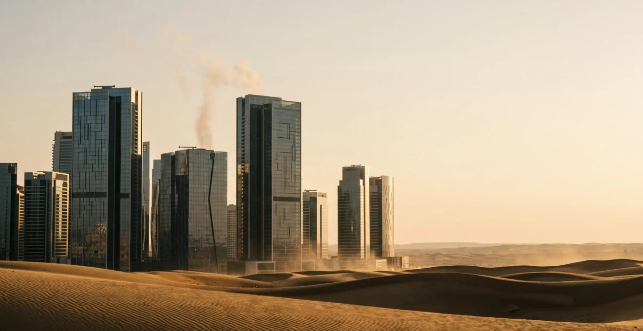 Skyline futuriste de Dubaï émergeant du désert, symbolisant l'équilibre entre confort climatisé et durabilité environnementale