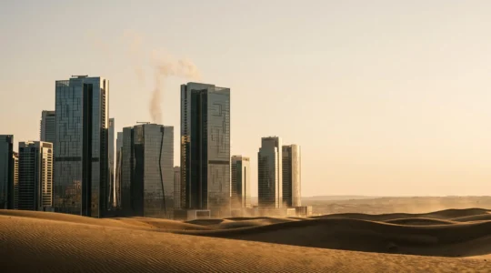 Skyline futuriste de Dubaï émergeant du désert, symbolisant l'équilibre entre confort climatisé et durabilité environnementale