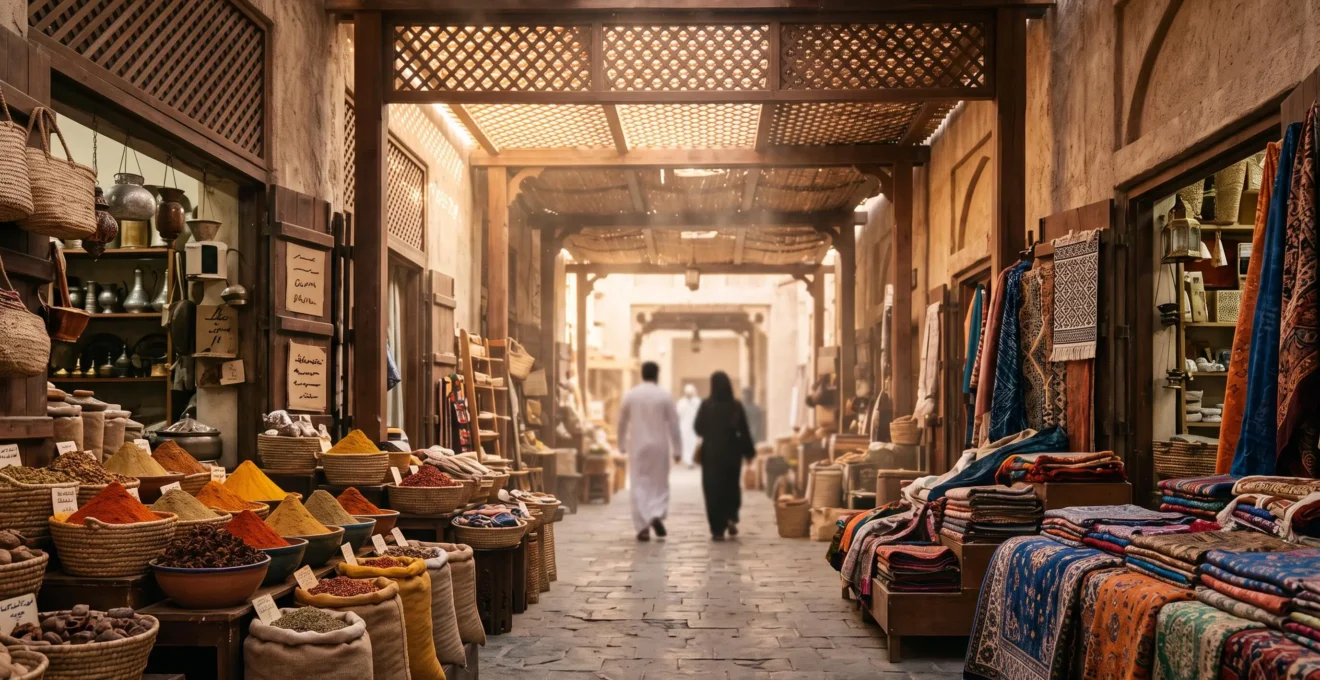 Étal débordant d'épices et de textiles multicolores dans un souk de Dubaï baigné de lumière dorée