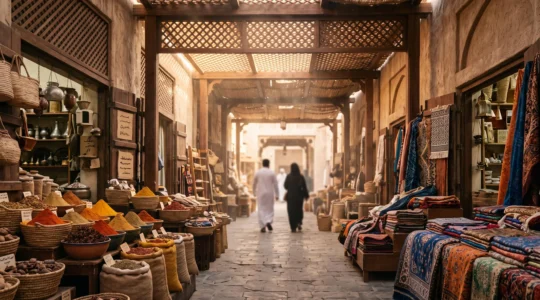Étal débordant d'épices et de textiles multicolores dans un souk de Dubaï baigné de lumière dorée