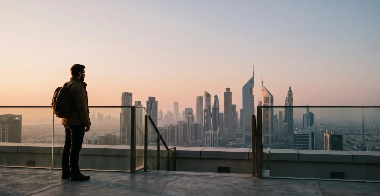 Silhouette d'un voyageur contemplant une skyline futuriste au lever du jour, symbole de l'exploration hors des sentiers battus