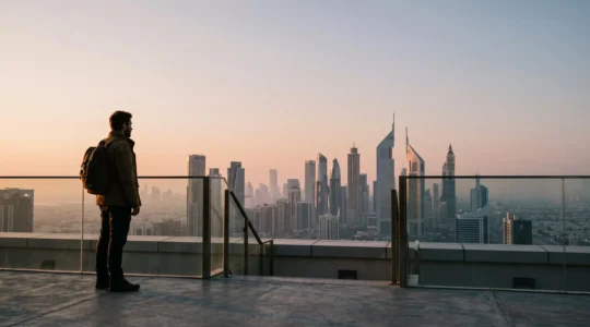 Silhouette d'un voyageur contemplant une skyline futuriste au lever du jour, symbole de l'exploration hors des sentiers battus
