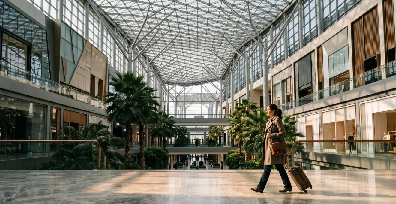 Voyageur se déplaçant avec assurance dans un vaste centre commercial lumineux, sans se perdre ni se fatiguer