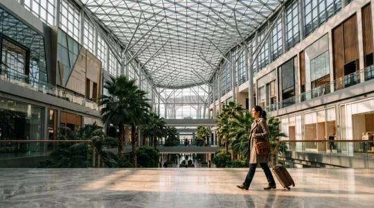 Voyageur se déplaçant avec assurance dans un vaste centre commercial lumineux, sans se perdre ni se fatiguer