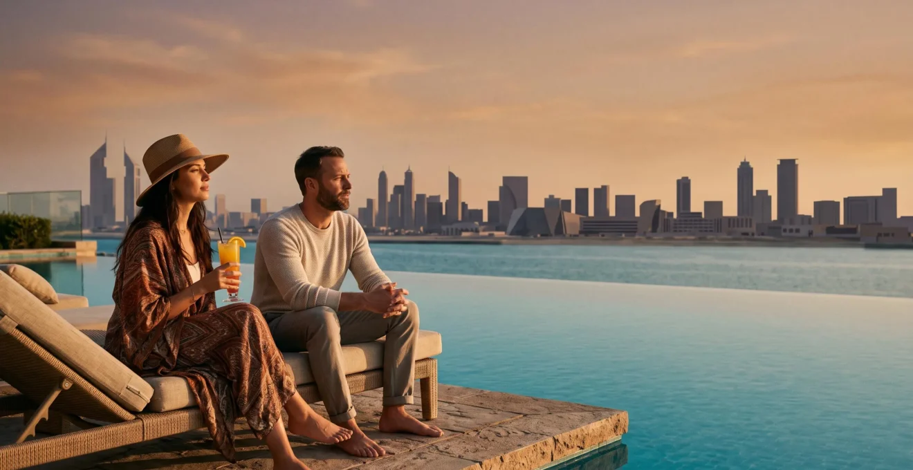 Couple attablé au bord d'une piscine à débordement surplombant les gratte-ciels de Dubaï au coucher du soleil, symbolisant le choix entre confort tout compris et liberté de dépense