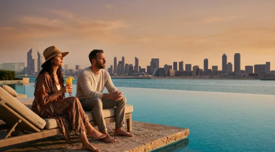 Couple attablé au bord d'une piscine à débordement surplombant les gratte-ciels de Dubaï au coucher du soleil, symbolisant le choix entre confort tout compris et liberté de dépense