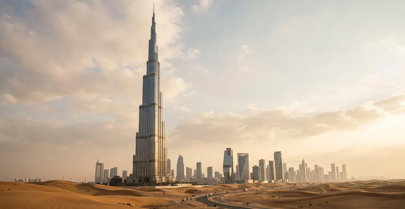 Silhouette majestueuse d'une tour futuriste s'elevant au-dessus d'un desert dore, symbole des prouesses structurelles de Dubai