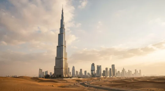Silhouette majestueuse d'une tour futuriste s'elevant au-dessus d'un desert dore, symbole des prouesses structurelles de Dubai