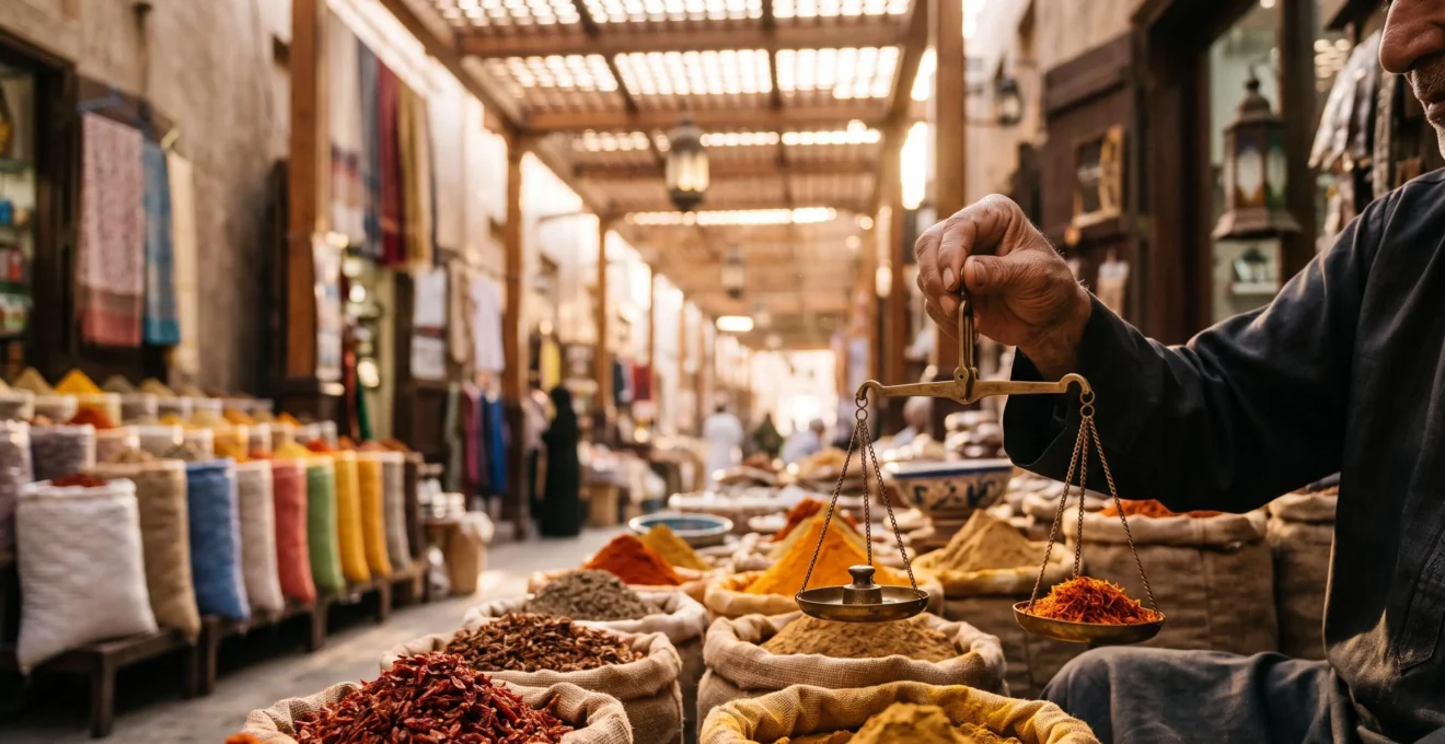Étal traditionnel de souk avec sacs de jute remplis d'épices colorées et vendeur pesant du safran à la main