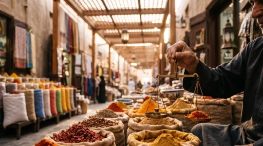Étal traditionnel de souk avec sacs de jute remplis d'épices colorées et vendeur pesant du safran à la main