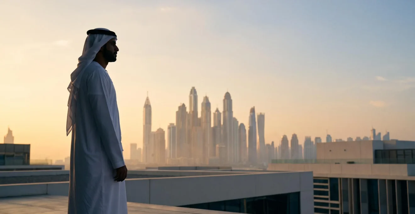 Un Émirati en tenue traditionnelle observant la skyline de Dubaï au crépuscule, symbole du dialogue entre héritage et modernité