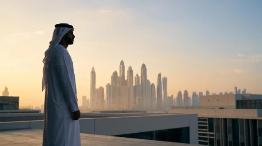 Un Émirati en tenue traditionnelle observant la skyline de Dubaï au crépuscule, symbole du dialogue entre héritage et modernité