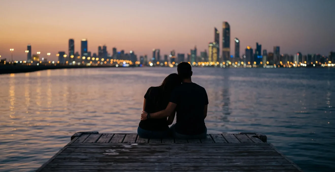Couple partageant un instant intime face à la skyline scintillante de Dubaï au crépuscule, loin de la foule