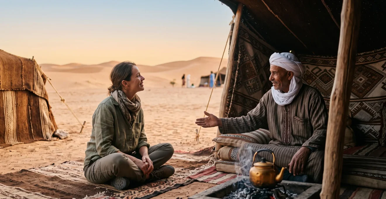 Un voyageur et son hote bedouin partageant un moment de the au seuil d'une tente traditionnelle dans le desert au coucher du soleil