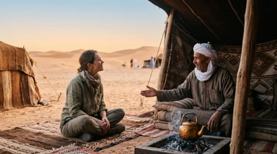 Un voyageur et son hote bedouin partageant un moment de the au seuil d'une tente traditionnelle dans le desert au coucher du soleil