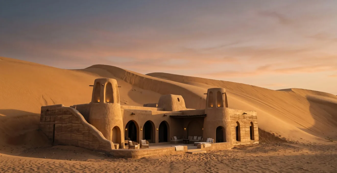 Lodge de luxe en pisé niché au creux des dunes dorées, baigné par la lumière du crépuscule