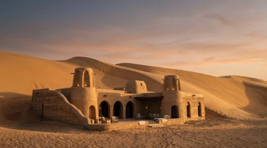 Lodge de luxe en pisé niché au creux des dunes dorées, baigné par la lumière du crépuscule