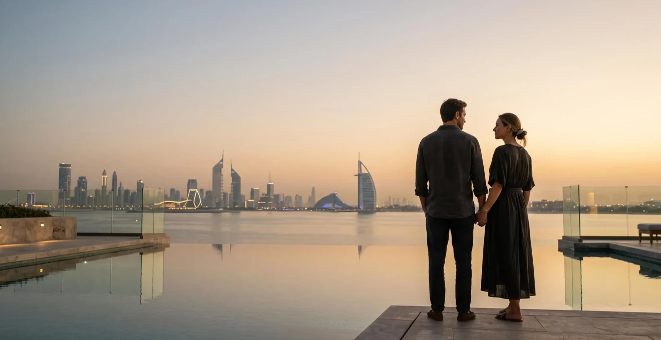 Couple silhouette au coucher du soleil face au skyline de Dubaï, symbolisant une lune de miel sereine et bien organisée