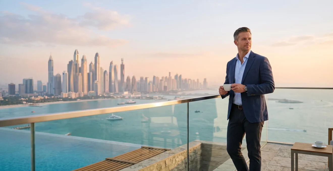 Vue panoramique depuis une terrasse privée de palace à Dubaï au lever du soleil, symbole du luxe authentique