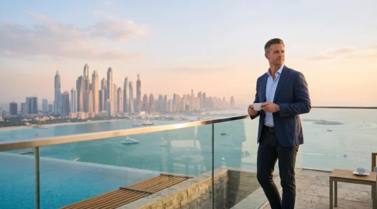 Vue panoramique depuis une terrasse privée de palace à Dubaï au lever du soleil, symbole du luxe authentique