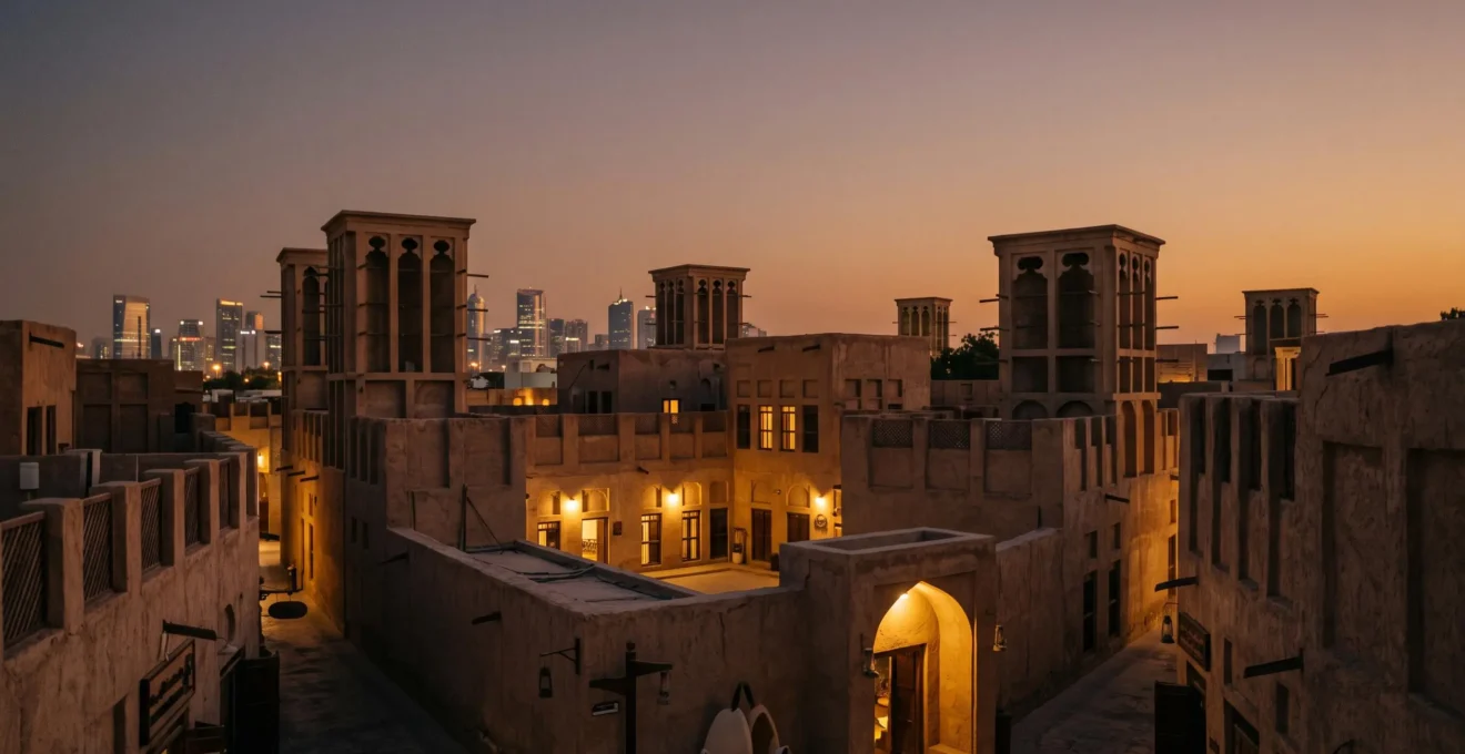 Maison traditionnelle à tour à vent en pierre de corail à Al Fahidi, Dubaï, baignée de lumière dorée au crépuscule