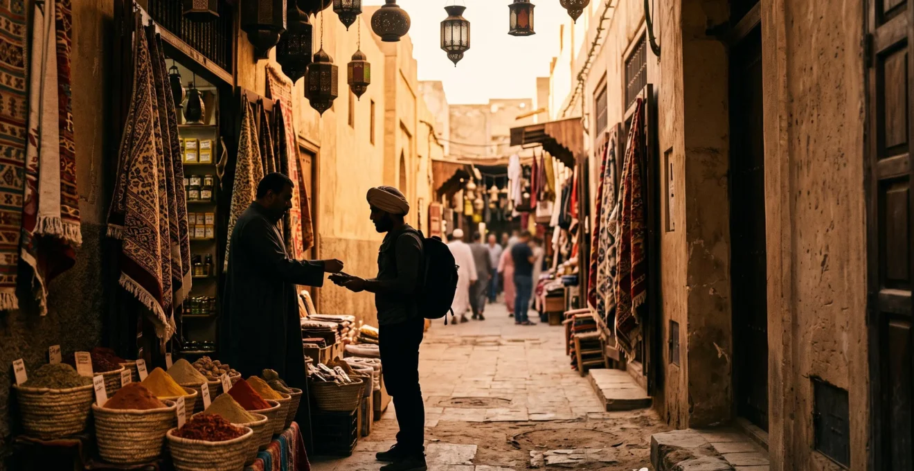 Scène de marchandage dans une ruelle de souk traditionnel avec étals de tissus et lumière dorée